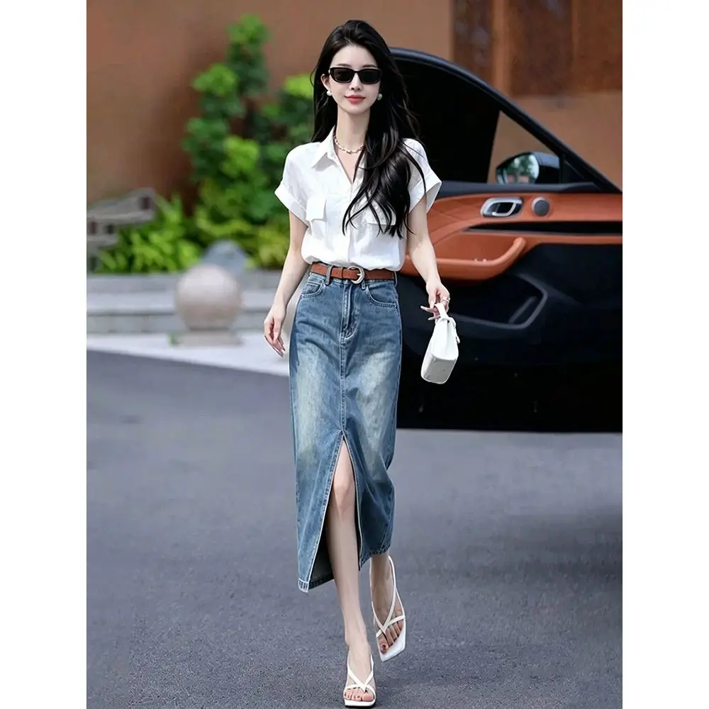 Korean Style Professional Shirt And Denim Skirt Set Women's Fashionable Two-Piece Summer Outfit Anti-Aging Trendy Look
Korean Style Professional Shirt And Denim Skirt Set Women's Fashionable Two-Piece Summer Outfit Anti-Aging Trendy Look
