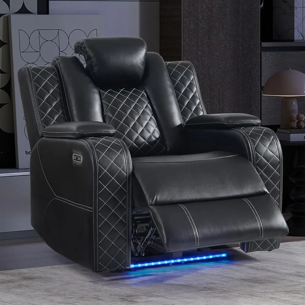 Black Leather Reclining Sofa with Adjustable Rest, LED Lights, USB Port, Storage, Ideal for Home Theater or Gaming Room
Black Leather Reclining Sofa with Adjustable Rest, LED Lights, USB Port, Storage, Ideal for Home Theater or Gaming Room