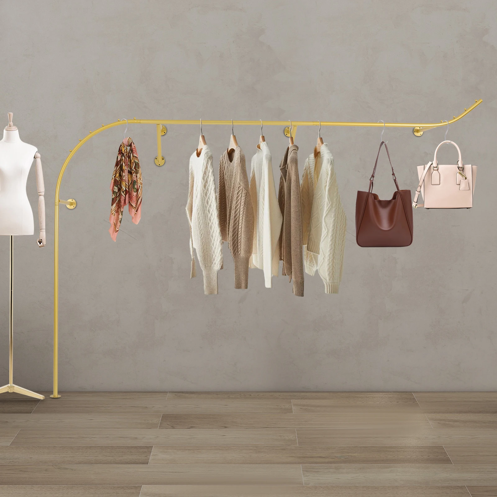 Gold Wall-mounted Hanging Thick Pipe Clothes Rack, 98.4x63in Baked Paint Iron, 220.46lbs Load, for Boutique/Bedroom/Retail Store
Gold Wall-mounted Hanging Thick Pipe Clothes Rack, 98.4x63in Baked Paint Iron, 220.46lbs Load, for Boutique/Bedroom/Retail Store