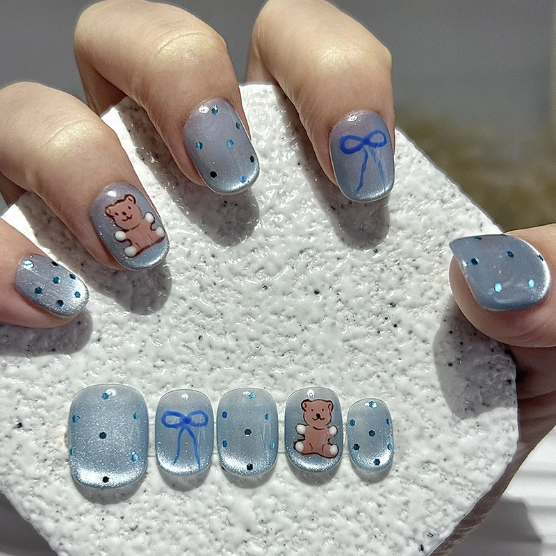 10 Pieces Glacier Blue Cat Eye Handmade Press On Nails Smudge Bow Polka Dot Cute Bear Fake Nails Removable Reusable
10 Pieces Glacier Blue Cat Eye Handmade Press On Nails Smudge Bow Polka Dot Cute Bear Fake Nails Removable Reusable
