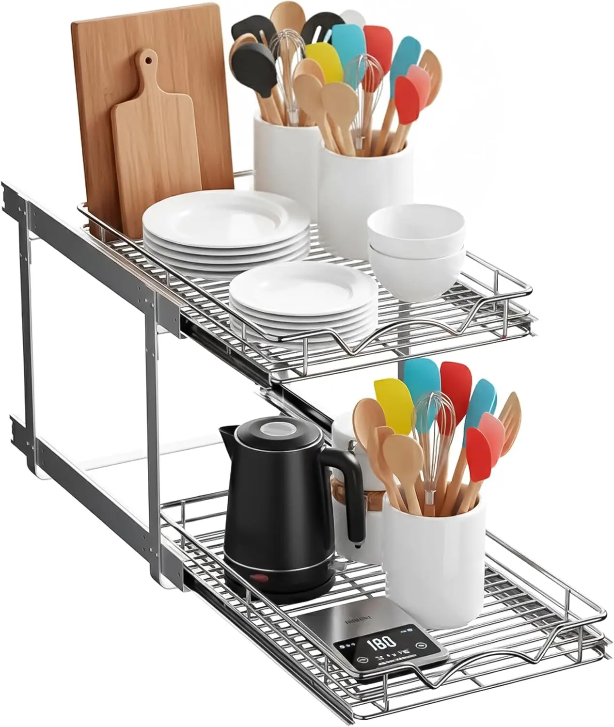 2-Tier Pull-Out Cabinet Organizer with Steel Frame, Full-Extension Shelves, Holds 100 lbs, Easy Install for Kitchen & Pantry
2-Tier Pull-Out Cabinet Organizer with Steel Frame, Full-Extension Shelves, Holds 100 lbs, Easy Install for Kitchen & Pantry