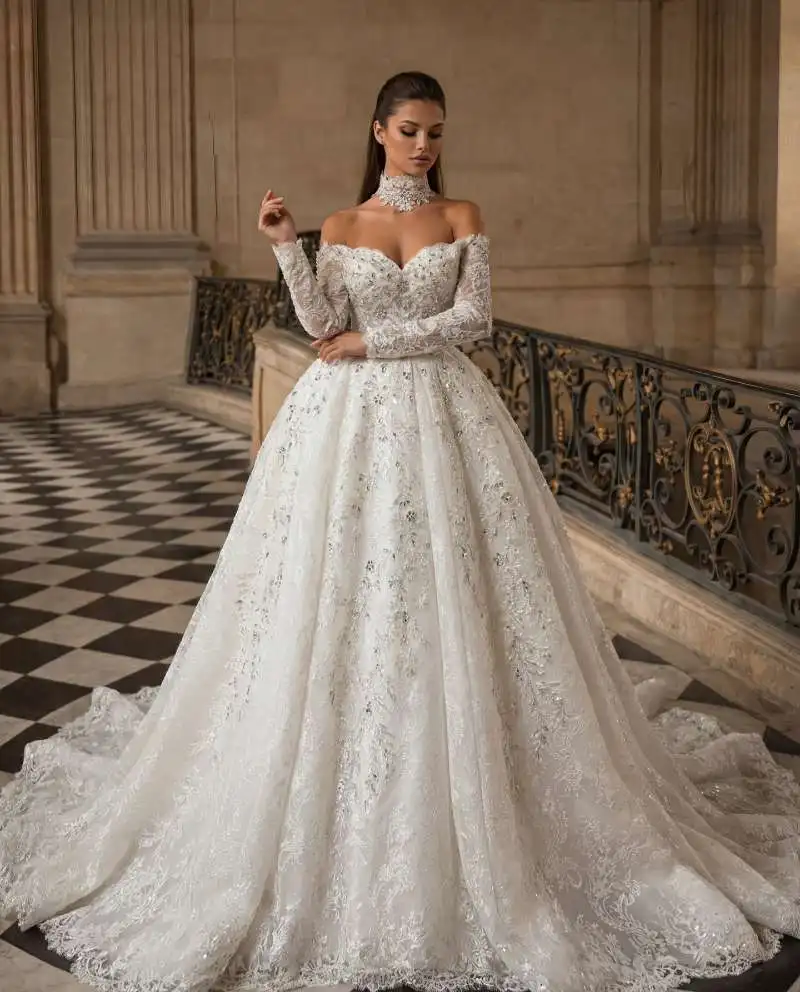 Off The Shoulder Long Sleeve Sweetheart Neck Wedding Dress CRYSTAL Appliques Lace A-Line Bridal Gown Vestido De Noiva
Off The Shoulder Long Sleeve Sweetheart Neck Wedding Dress CRYSTAL Appliques Lace A-Line Bridal Gown Vestido De Noiva