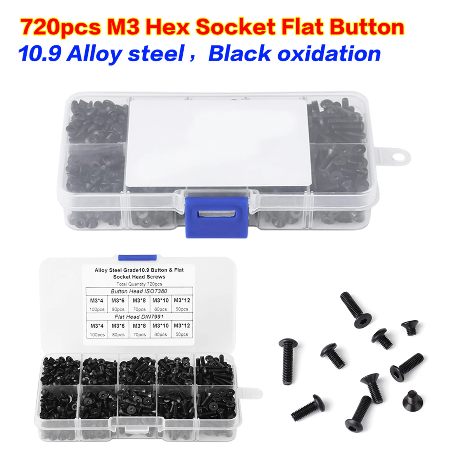 720PCS M3*4/6/8/10/12 Alloy Steel Flat-Head Hex Socket Screws High-Strength Pan-Head + Countersunk Hex Socket Screws
720PCS M3*4/6/8/10/12 Alloy Steel Flat-Head Hex Socket Screws High-Strength Pan-Head + Countersunk Hex Socket Screws