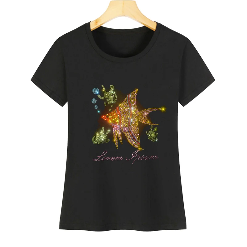 Fashionable women's summer short-sleeved ice silk cotton casual T-shirt with Rhinestone goldfish design
Fashionable women's summer short-sleeved ice silk cotton casual T-shirt with Rhinestone goldfish design