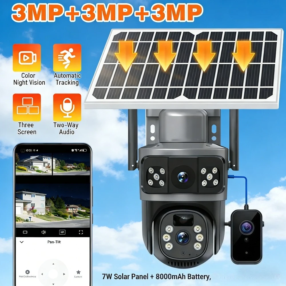 DFITO Солнечная камера видеонаблюдения 3MP+3MP+3MP с тройным экраном, Wi-Fi, PTZ 355 ° Солнечная камера для улицы с защитой IP66, управление через приложение V380
DFITO Солнечная камера видеонаблюдения 3MP+3MP+3MP с тройным экраном, Wi-Fi, PTZ 355 ° Солнечная камера для улицы с защитой IP66, управление через приложение V380