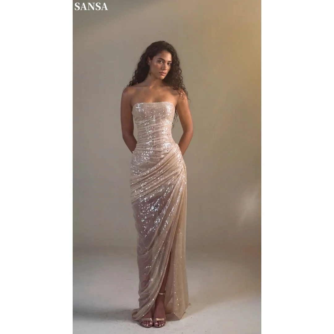 Sansa Customized Champagne Gold Strapless Prom Dresses Sequin Ruched High Slit Floor Length vestidos de noche Formal Evening
Sansa Customized Champagne Gold Strapless Prom Dresses Sequin Ruched High Slit Floor Length vestidos de noche Formal Evening