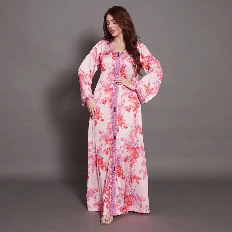 Loose Arab Ethnic Summer Dresses Pink Red Leaves Print Modest Muslim Abaya Kuwait Dubai Moroccan Caftan for Women 2022
Loose Arab Ethnic Summer Dresses Pink Red Leaves Print Modest Muslim Abaya Kuwait Dubai Moroccan Caftan for Women 2022