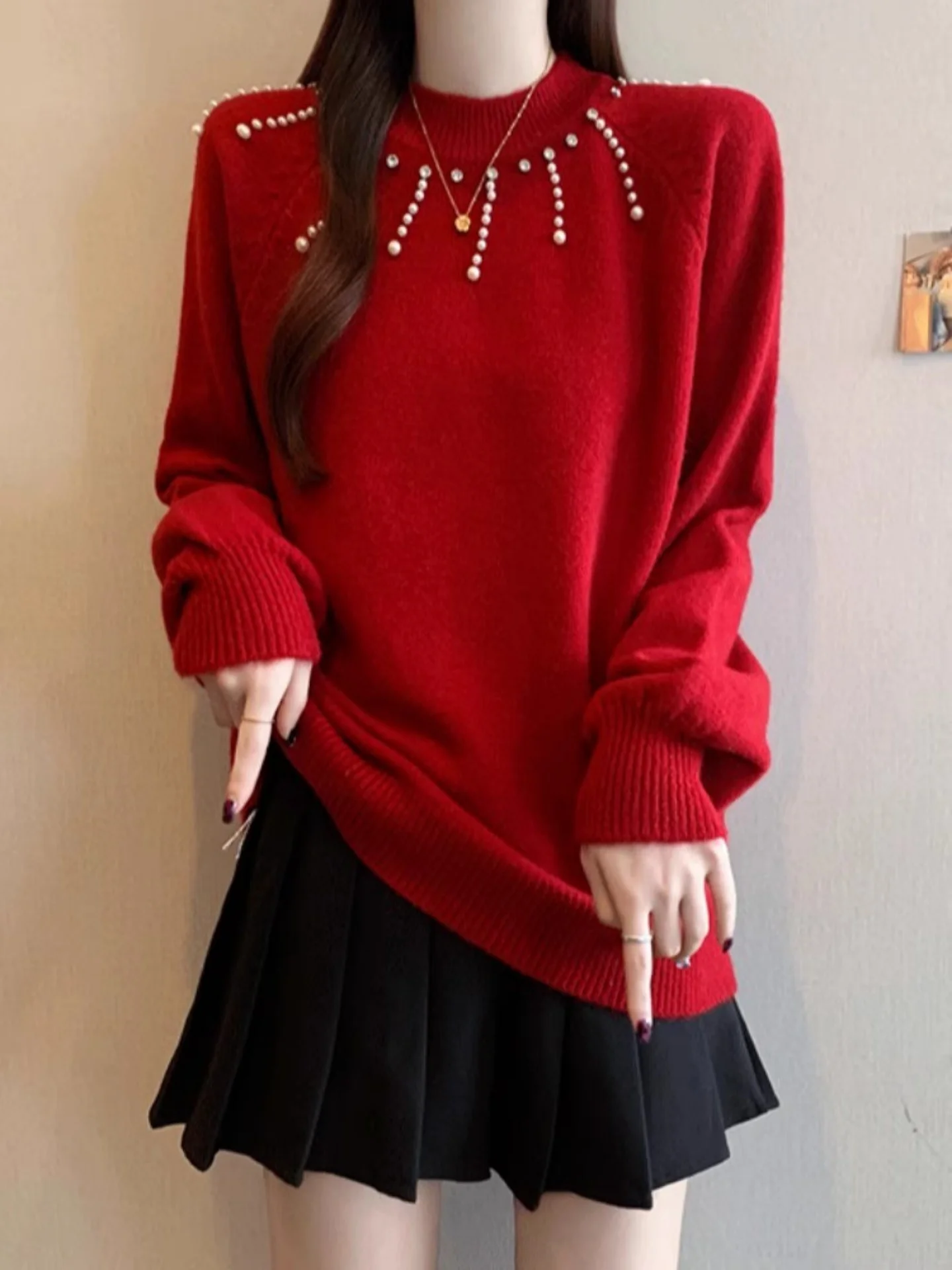 Red Long Sve Knitted Sweater Women's f High Collar Beaded Base irt Top for Autumn Winter plus Size Faionable
Red Long Sve Knitted Sweater Women's f High Collar Beaded Base irt Top for Autumn Winter plus Size Faionable