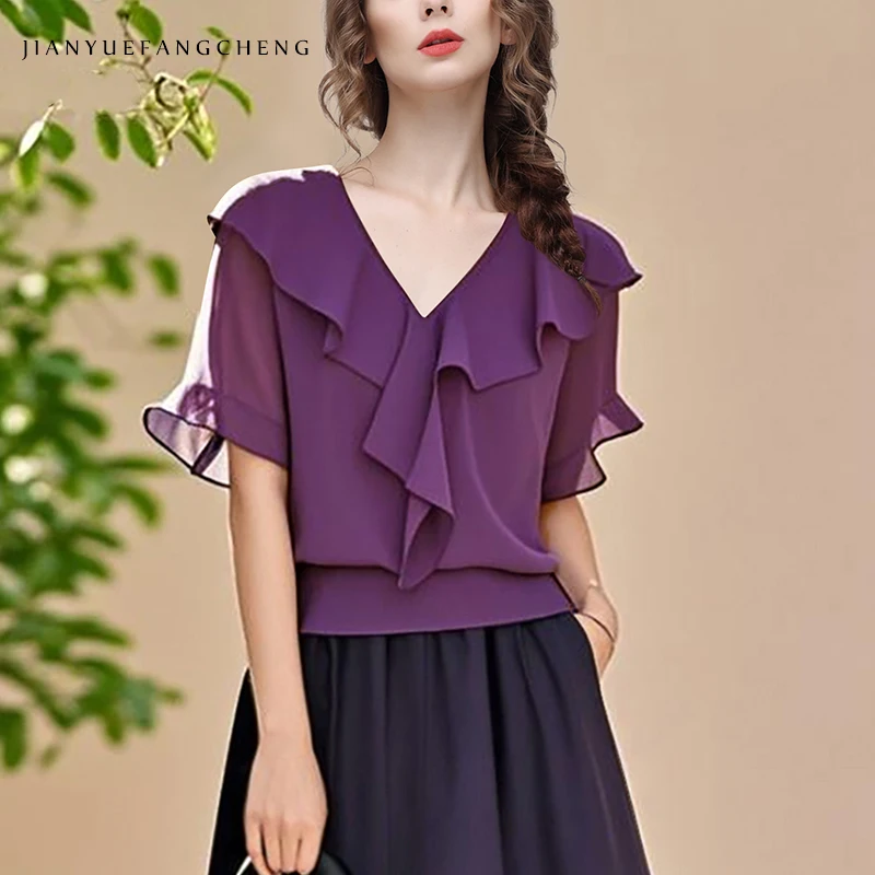 Casual Womens Short Sleeve Purple Chiffon Top For Summer V-neck Slim Lightweight Ruffled Blouses
Casual Womens Short Sleeve Purple Chiffon Top For Summer V-neck Slim Lightweight Ruffled Blouses