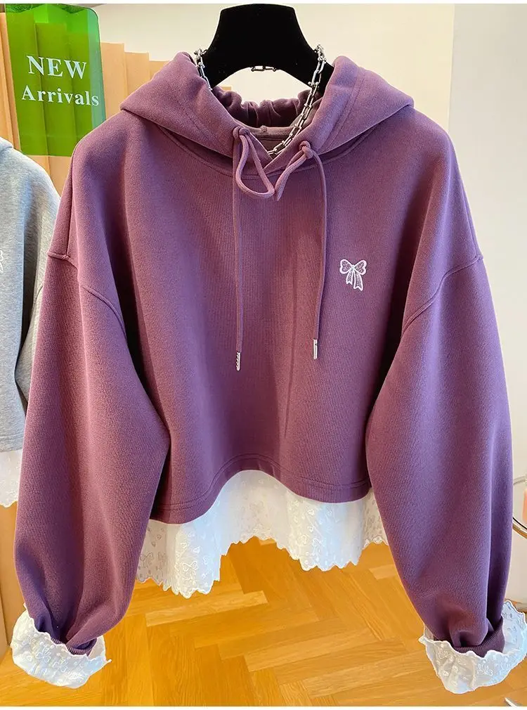 Lace Hem Hoodies Women Patchwork Hooded Hoodies 2025 Y2K Korean Cotton Sweatshirts Purple Gray Oversize Loose Long Sleeve Top
Lace Hem Hoodies Women Patchwork Hooded Hoodies 2025 Y2K Korean Cotton Sweatshirts Purple Gray Oversize Loose Long Sleeve Top
