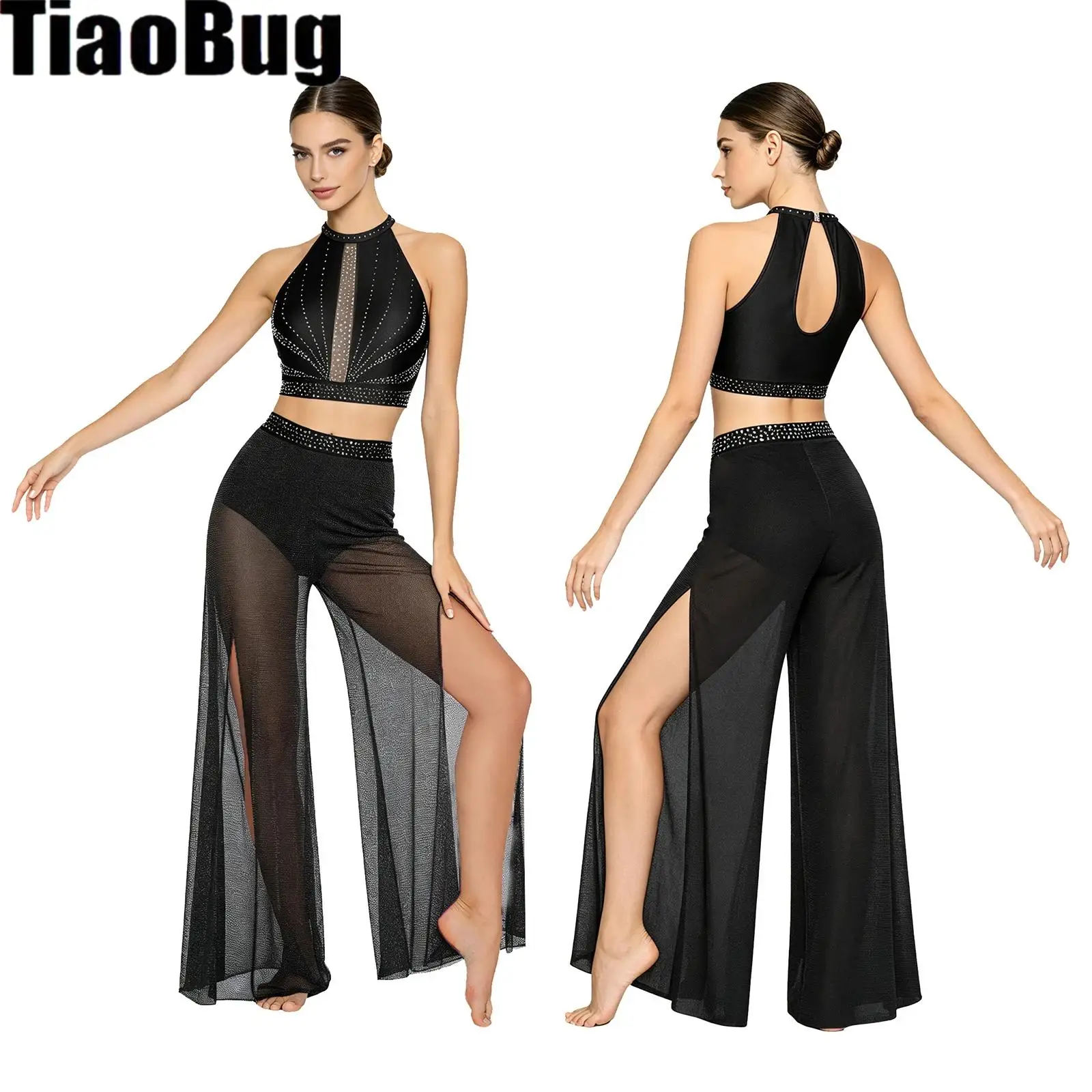 Women Ballet Dance Outfit Rhinestones Sleeveless Back Hollow-out Tank Top And Shimmering Mesh Legs Wide Leg Pants with Briefs
Women Ballet Dance Outfit Rhinestones Sleeveless Back Hollow-out Tank Top And Shimmering Mesh Legs Wide Leg Pants with Briefs