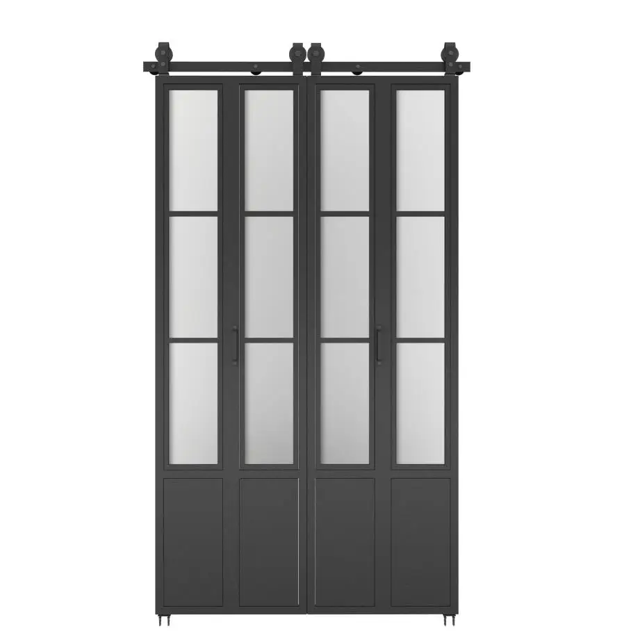 Double folding steel glass barn door, heavy duty side mounted black rollers, suitable for 4 doors, smooth and quiet
Double folding steel glass barn door, heavy duty side mounted black rollers, suitable for 4 doors, smooth and quiet