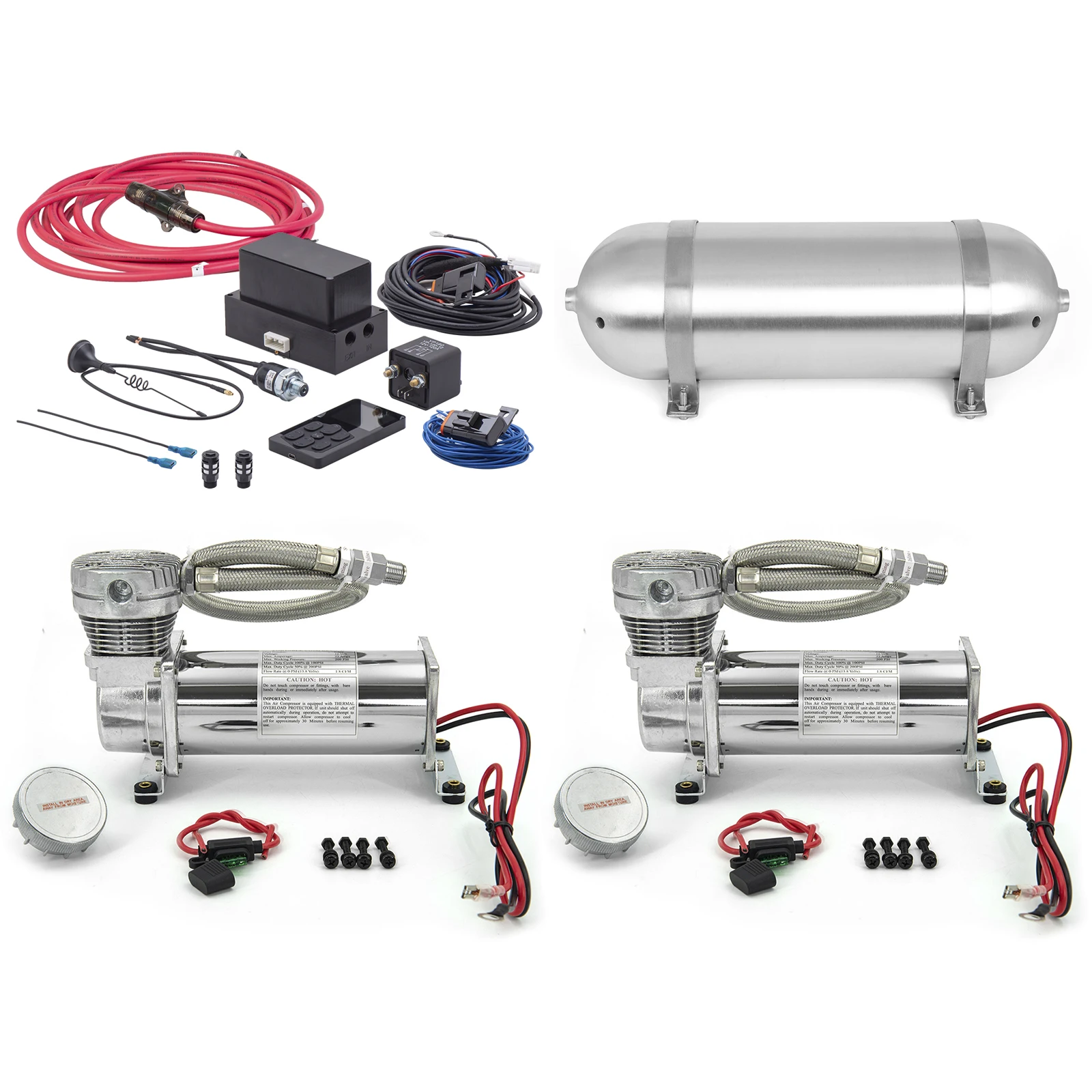 Universal Air Management Kit Air Suspension System Electronic Controller System with 1 3-gallon Torpedo Can 2 Compression Pumps
Universal Air Management Kit Air Suspension System Electronic Controller System with 1 3-gallon Torpedo Can 2 Compression Pumps