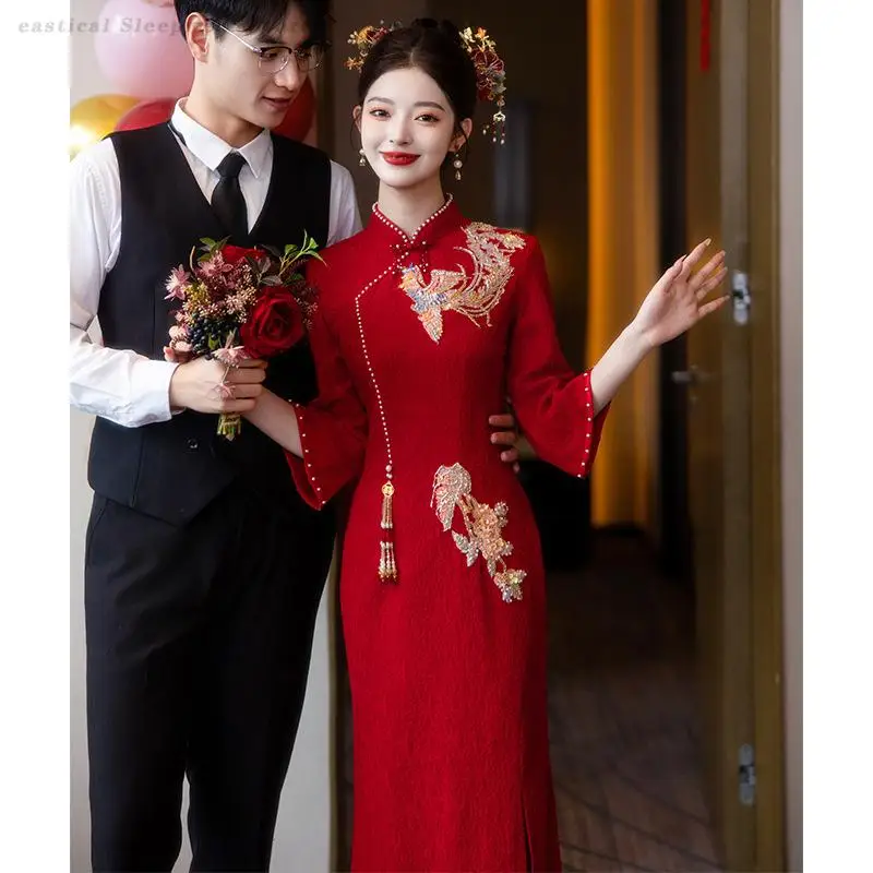 Bridal Fish Tail Dress Burgundy Vintage Cheongsam Traditional Mandarin Collar Qipao Gowns Wedding Exquisite Engagement Dresses
Bridal Fish Tail Dress Burgundy Vintage Cheongsam Traditional Mandarin Collar Qipao Gowns Wedding Exquisite Engagement Dresses