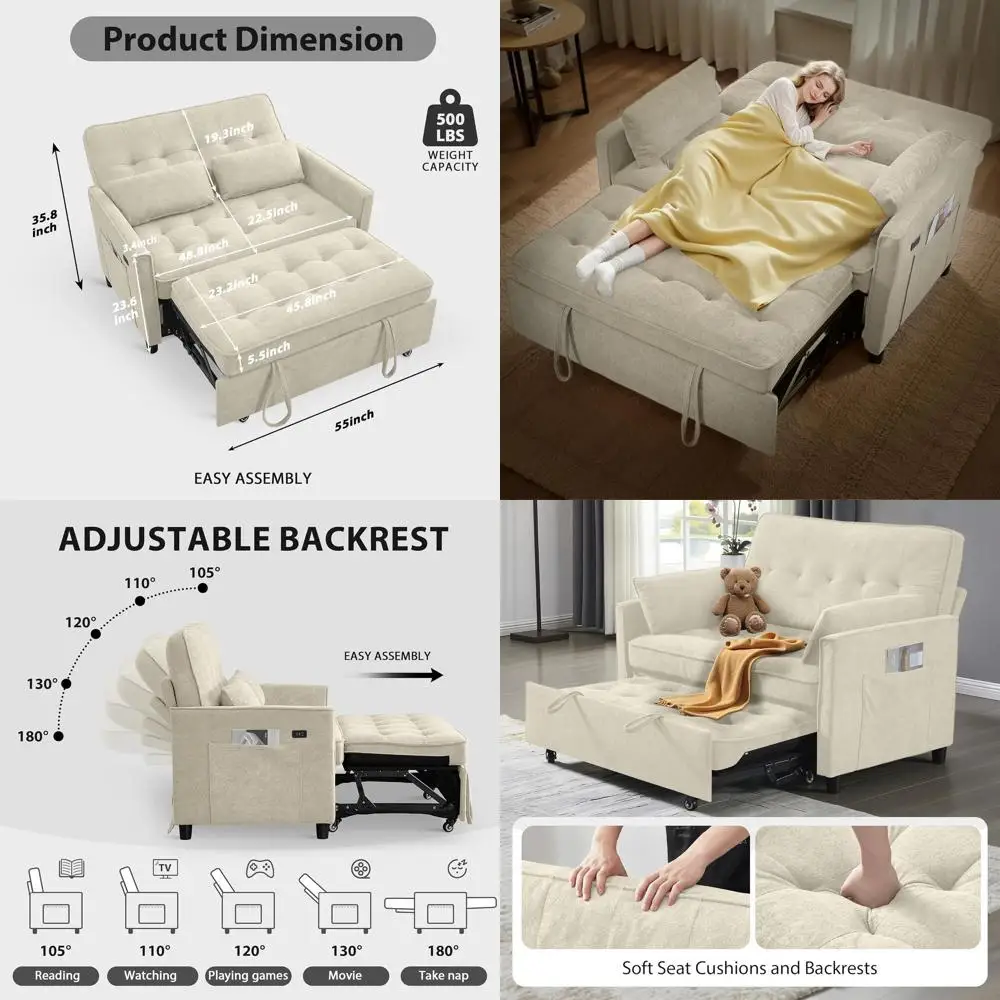 3-in-1 Convertible Sofa Bed with Pull Out Couch, Loveseat Sleeper, Side Table, USB Port, Beige Fabric
3-in-1 Convertible Sofa Bed with Pull Out Couch, Loveseat Sleeper, Side Table, USB Port, Beige Fabric