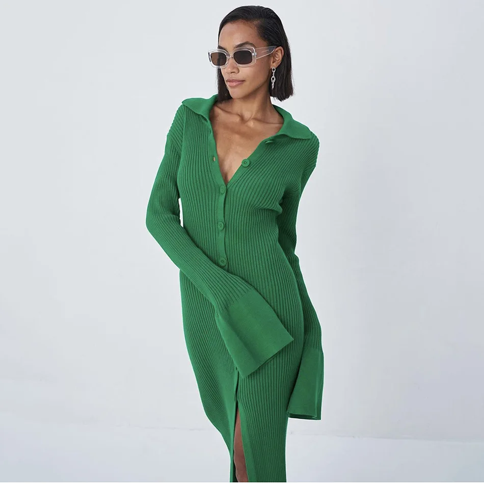 Casual Long Flared Sleeve Ribbed One Piece Knit Dress Green V-Neck Button Down Cardigan Sweater Fall Winter Midi Dresses
Casual Long Flared Sleeve Ribbed One Piece Knit Dress Green V-Neck Button Down Cardigan Sweater Fall Winter Midi Dresses
