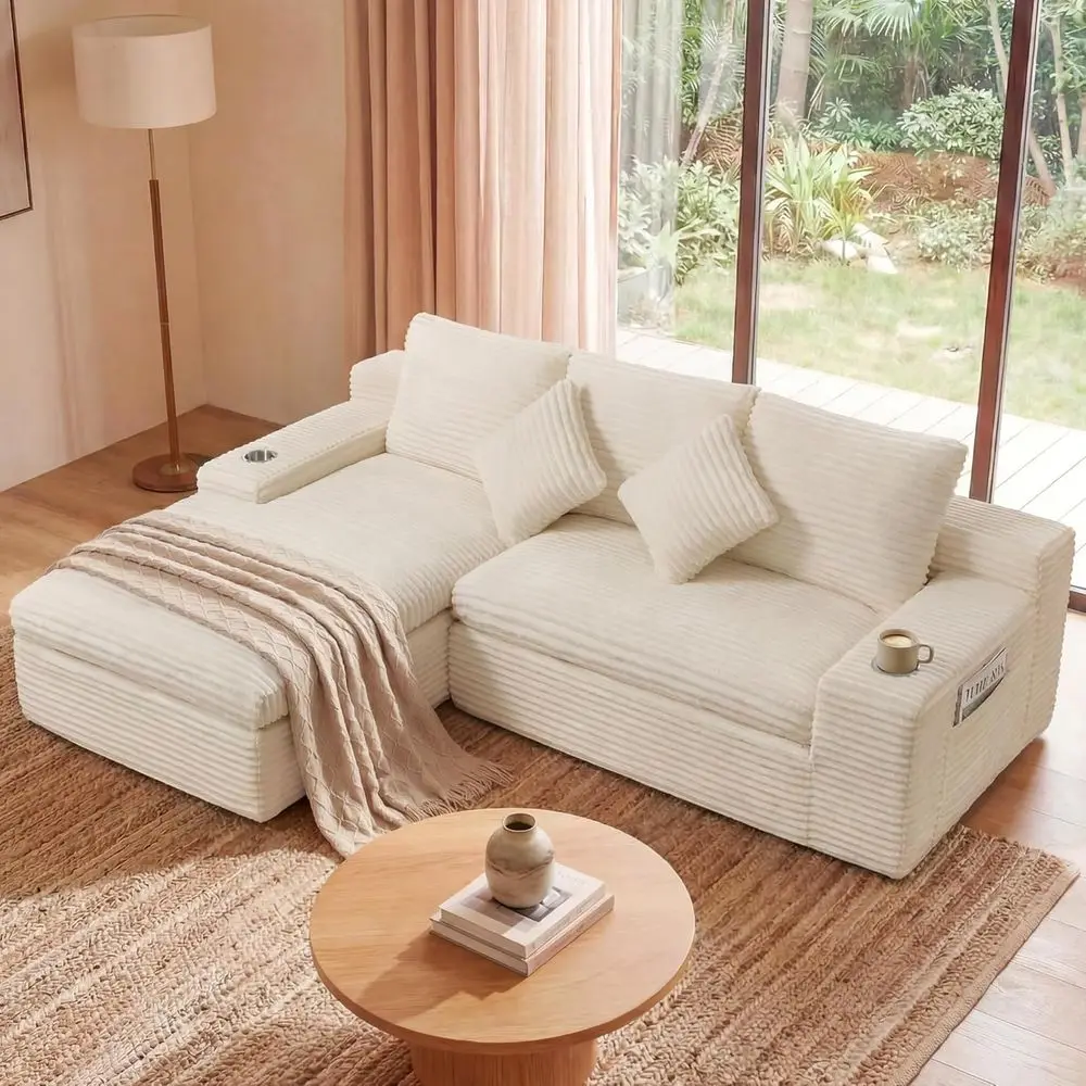 Upholstered L-Shaped Sofa with Deep Seat Memory Foam, 2 Cup Holders, Corduroy Sectional Sofa with Side Pockets, Living Room Furn
Upholstered L-Shaped Sofa with Deep Seat Memory Foam, 2 Cup Holders, Corduroy Sectional Sofa with Side Pockets, Living Room Furn