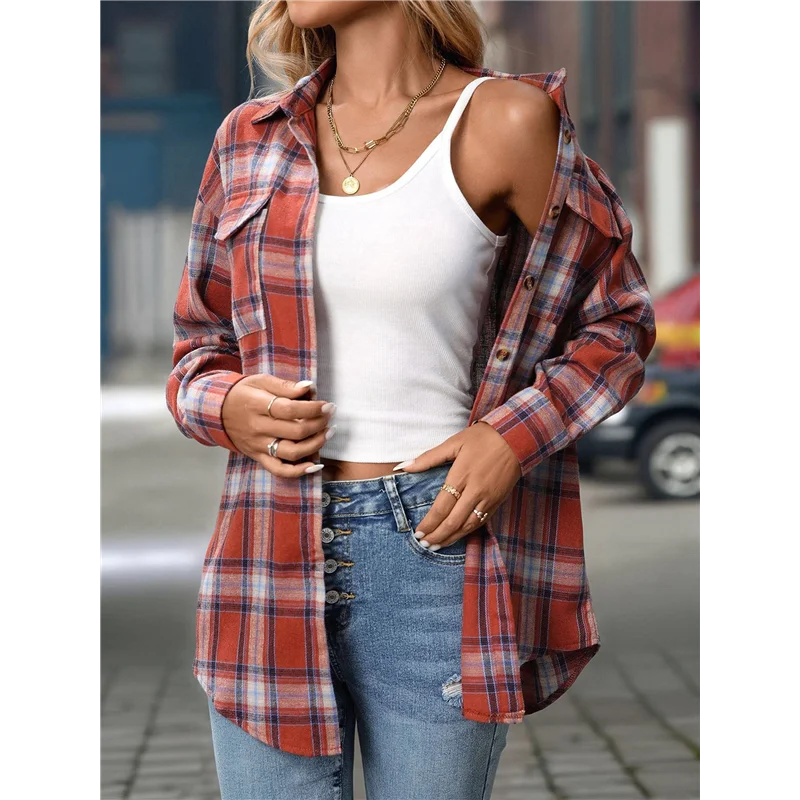 A83F-Женская рубашка на пуговицах, клетчатая рубашка с длинными рукавами и лацканами, деловые повседневные топы, рабочая рубашка 
A83F-Женская рубашка на пуговицах, клетчатая рубашка с длинными рукавами и лацканами, деловые повседневные топы, рабочая рубашка