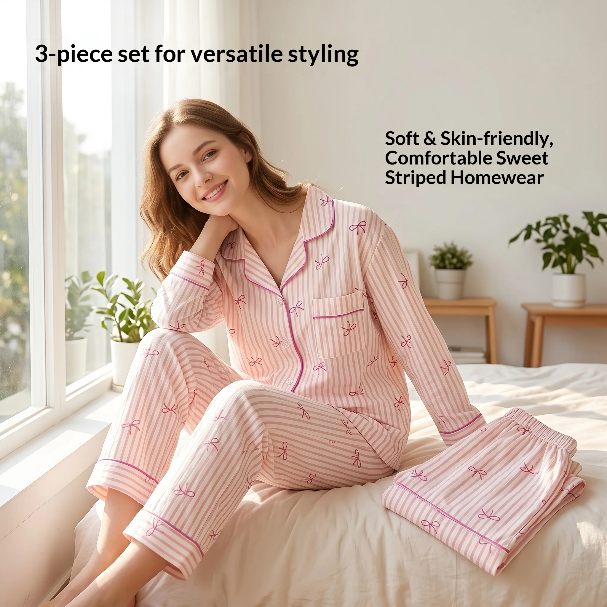 Women's Summer Striped Bow Pajamas, Short Sleeve Three-Piece Set for Girls, Spring and Summer Thin Wrinkled Fabric Loungewear
Women's Summer Striped Bow Pajamas, Short Sleeve Three-Piece Set for Girls, Spring and Summer Thin Wrinkled Fabric Loungewear
