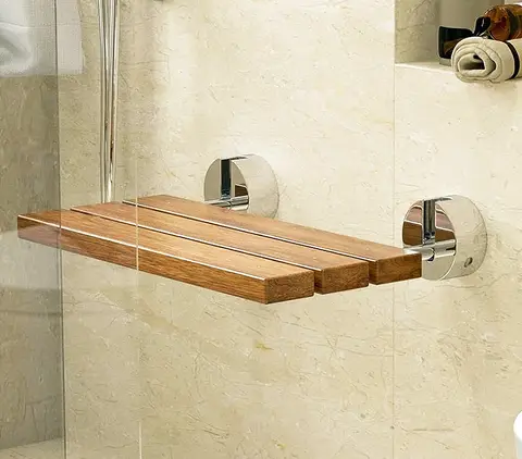 DIYHD 34X51CM Teak Wood Floding Shower Seat Wall Mount Fold Down Shower Bench(20inch)