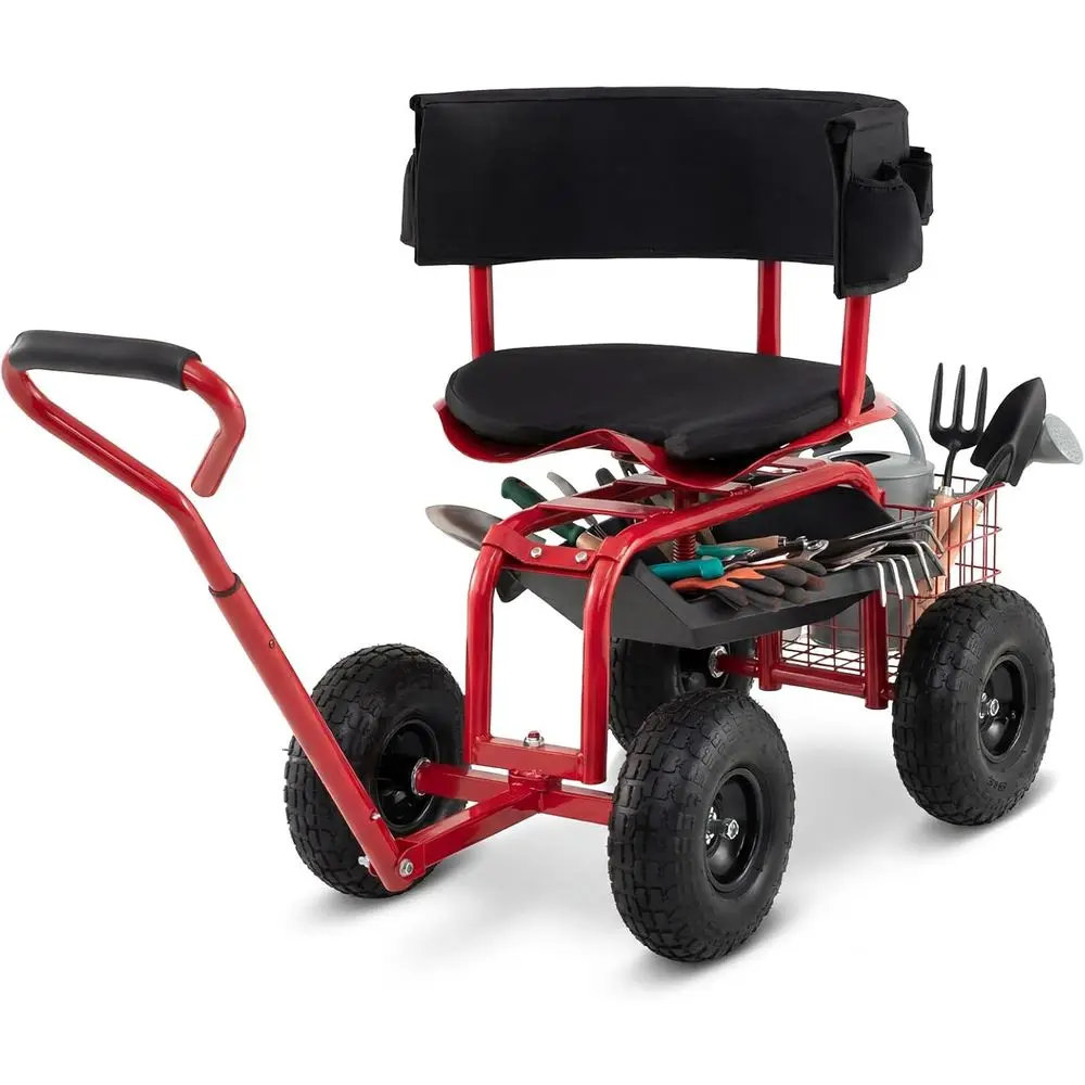 Adjustable Height Garden Cart with 360° Swivel Seat, 4 Wheels, Removable Cushion, Tool Tray, and Storage Basket (Red)
Adjustable Height Garden Cart with 360° Swivel Seat, 4 Wheels, Removable Cushion, Tool Tray, and Storage Basket (Red)