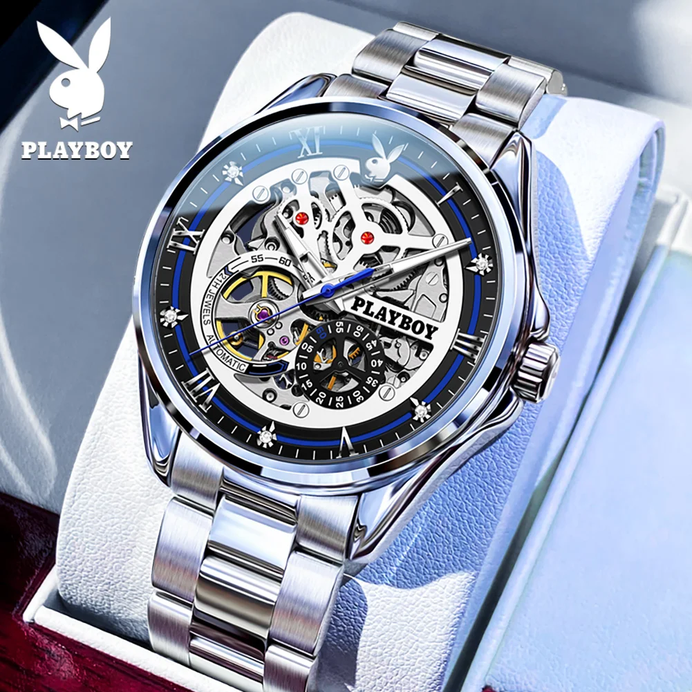 PLAYBOY 3032 Fashion Brand Men Mechanical Movement Watch Openworked Dial Steel Strap Luminous Function 30m Waterproof Watch Men
PLAYBOY 3032 Fashion Brand Men Mechanical Movement Watch Openworked Dial Steel Strap Luminous Function 30m Waterproof Watch Men
