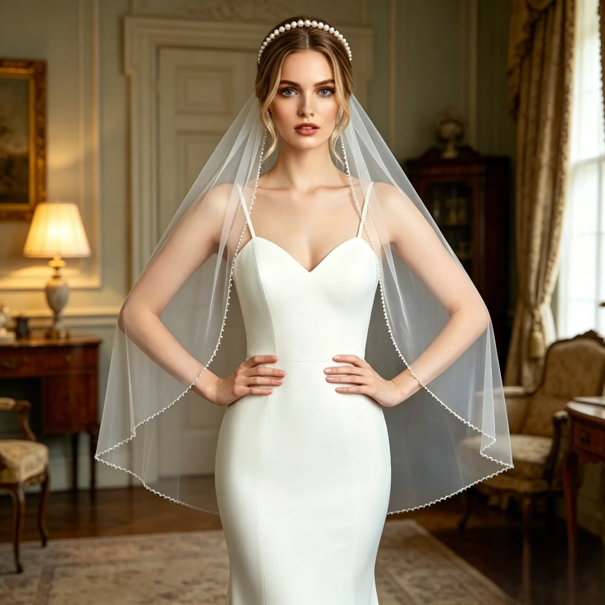 1Layer Luxury Crystal Pearl White Beaded Trim Edge Wedding Veil Bridal Hair Accessories Whit Comb Elegant Beaded Soft Tulle G18
1Layer Luxury Crystal Pearl White Beaded Trim Edge Wedding Veil Bridal Hair Accessories Whit Comb Elegant Beaded Soft Tulle G18