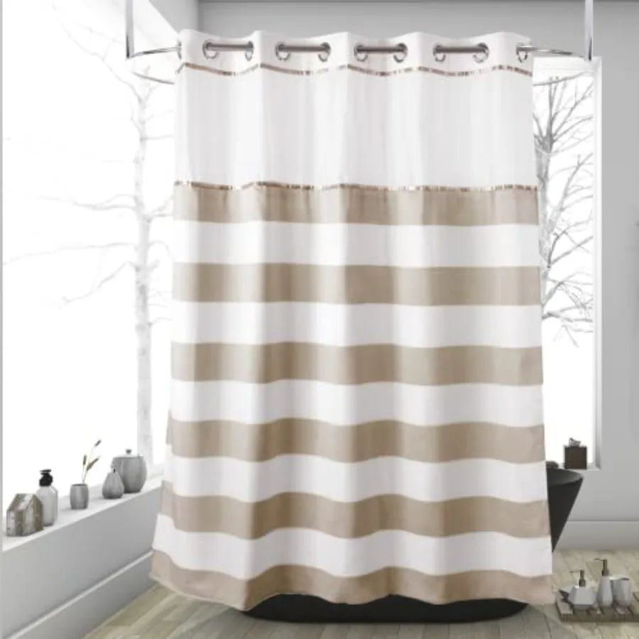 71"W x79"H Stripe Fabric Hook Free Shower Curtain with Polyester Magnet Snap-in Liner Top See Through with Mesh Window Light Be
71"W x79"H Stripe Fabric Hook Free Shower Curtain with Polyester Magnet Snap-in Liner Top See Through with Mesh Window Light Be