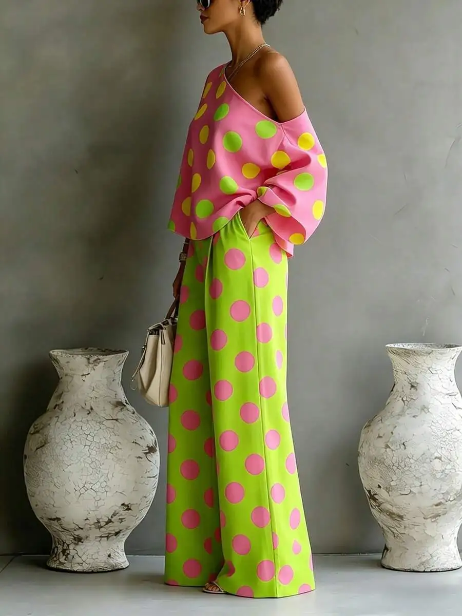 Women Polka Dot Asymmetrical Top And Wide Leg Pants Casual Two Piece Set
Women Polka Dot Asymmetrical Top And Wide Leg Pants Casual Two Piece Set