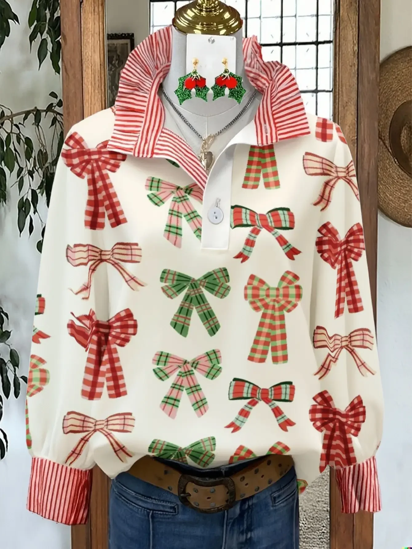 2026 Christmas women's striped shirt with multi-color striped collar and Various eye-catching bow designs
2026 Christmas women's striped shirt with multi-color striped collar and Various eye-catching bow designs