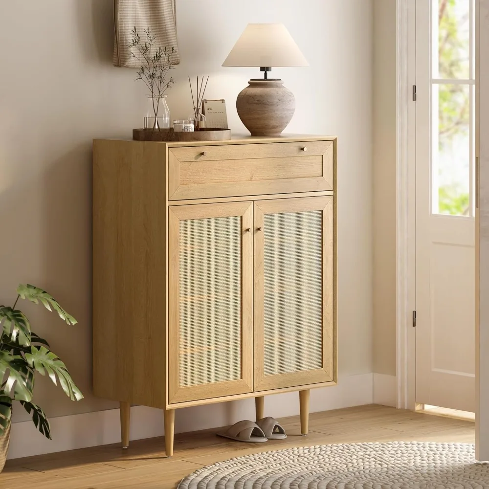 Rattan Shoe Cabinet with Drawer and Doors, Large Freestanding Shoe Storage Organizer with Adjustable Shelf & Anti-Tipping Device
Rattan Shoe Cabinet with Drawer and Doors, Large Freestanding Shoe Storage Organizer with Adjustable Shelf & Anti-Tipping Device
