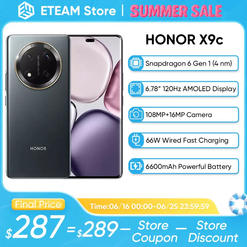 Глобальная версия смартфона HONOR X9c 5G 6,78 дюйма с защитой от падения, дисплей 120 Гц, 108 МП, тройная камера, аккумулятор 6600 мАч, 2SIM, Android14, IP65M
Глобальная версия смартфона HONOR X9c 5G 6,78 дюйма с защитой от падения, дисплей 120 Гц, 108 МП, тройная камера, аккумулятор 6600 мАч, 2SIM, Android14, IP65M