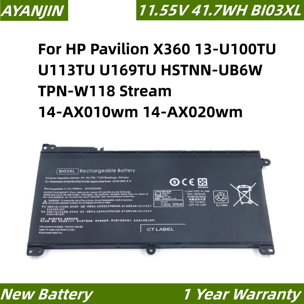 BI03XL 3615mAh Laptop battery for HP Pavilion X360 13-U100TU U113TU U169TU HSTNN-UB6W TPN-W118 Stream 14-AX010wm 14-AX020wm
BI03XL 3615mAh Laptop battery for HP Pavilion X360 13-U100TU U113TU U169TU HSTNN-UB6W TPN-W118 Stream 14-AX010wm 14-AX020wm