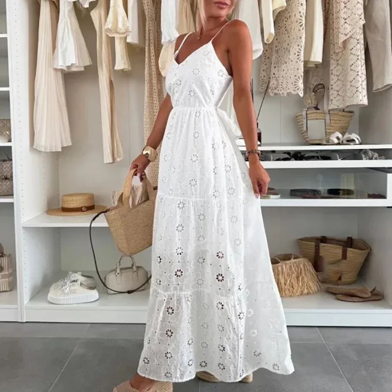 Summer New Women Cotton Embroidered Dress Casual Simple V Neck Sling Beach Long Dress Fashion Sleeveless Hollow Out Solid Dress
Summer New Women Cotton Embroidered Dress Casual Simple V Neck Sling Beach Long Dress Fashion Sleeveless Hollow Out Solid Dress