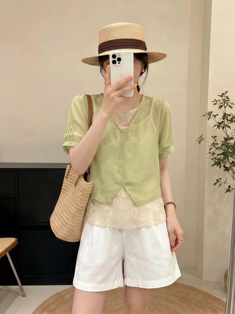 Chic Pastel Green Lace Splice Shoulder Women's Shirt Summer New plus Size Fat MM Fake Two-Piece Top Korean Style Loose Fit
Chic Pastel Green Lace Splice Shoulder Women's Shirt Summer New plus Size Fat MM Fake Two-Piece Top Korean Style Loose Fit