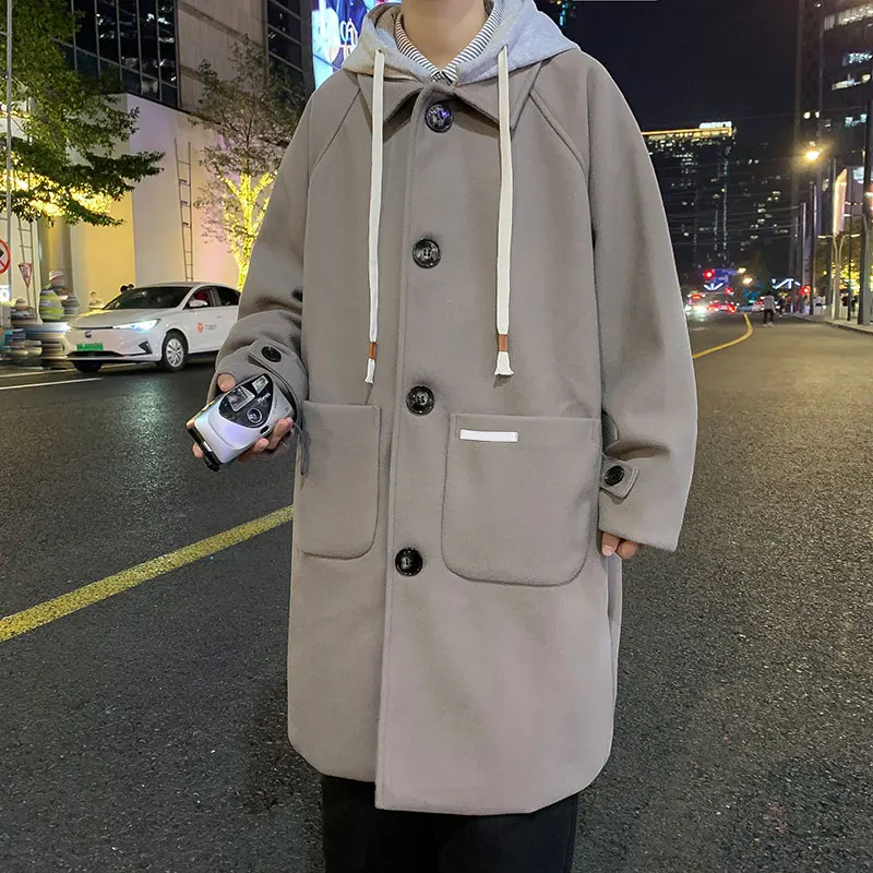 Autumn Winter Men's Woolen Coat Hooded Medium Length Loose Teenage Sle Windbreaker Outerwear Casual Faion Trendy Brand
Autumn Winter Men's Woolen Coat Hooded Medium Length Loose Teenage Sle Windbreaker Outerwear Casual Faion Trendy Brand