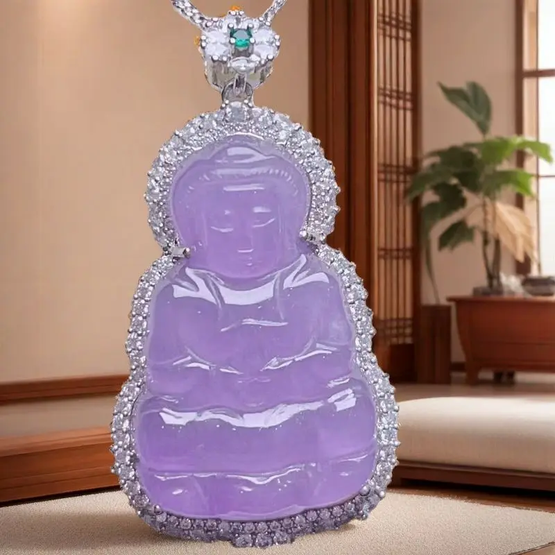 Jadeite high ice inlaid Guanyin pendant, moist and transparent, exquisite three-dimensional hand-carved, new models 
Jadeite high ice inlaid Guanyin pendant, moist and transparent, exquisite three-dimensional hand-carved, new models