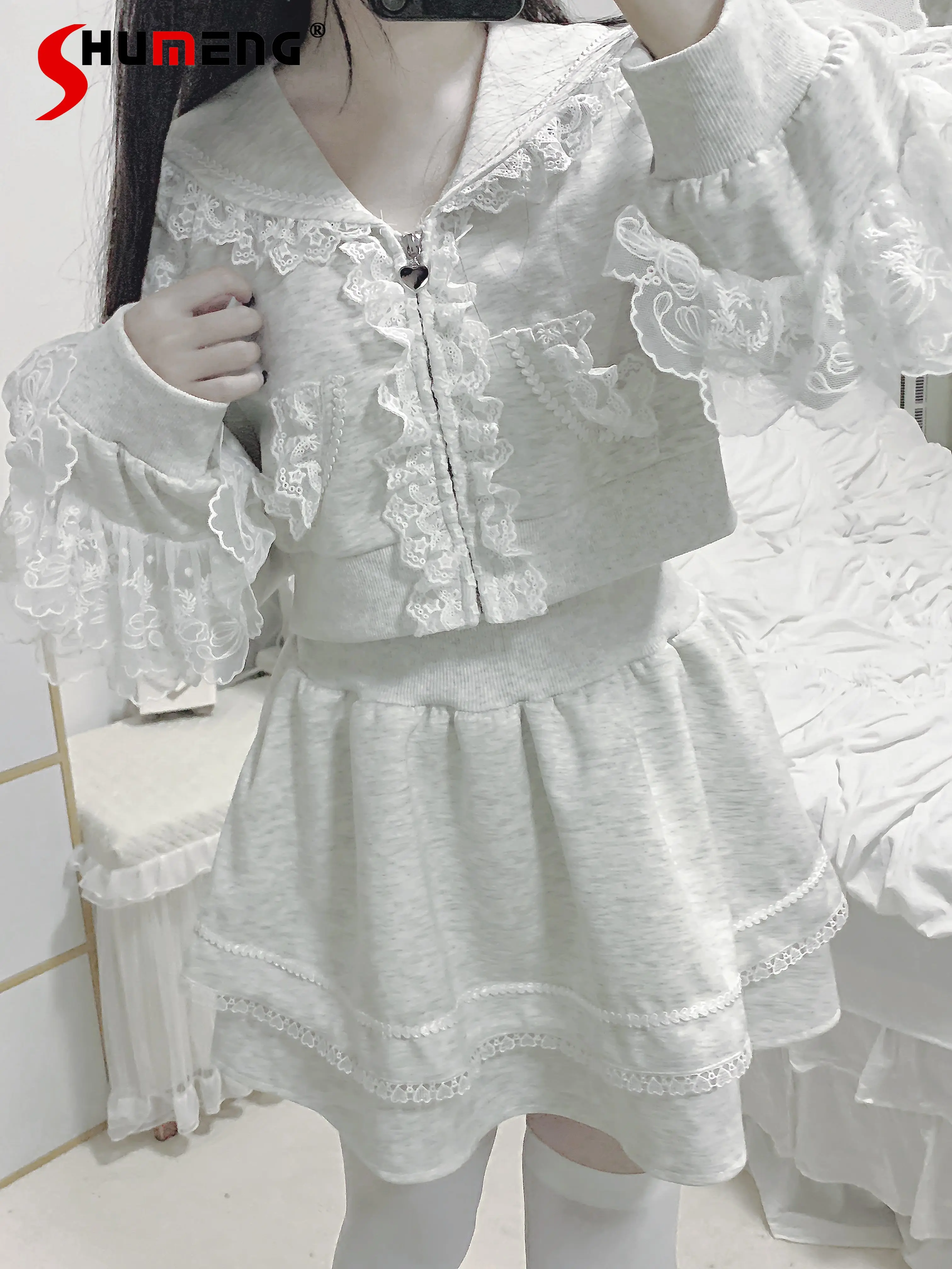 Japanese Mine Style Mass-produced Sports Sets Lace Long Sleeve Hooded Sweatshirts High Waist A-line Skirts Two-piece Set Women
Japanese Mine Style Mass-produced Sports Sets Lace Long Sleeve Hooded Sweatshirts High Waist A-line Skirts Two-piece Set Women