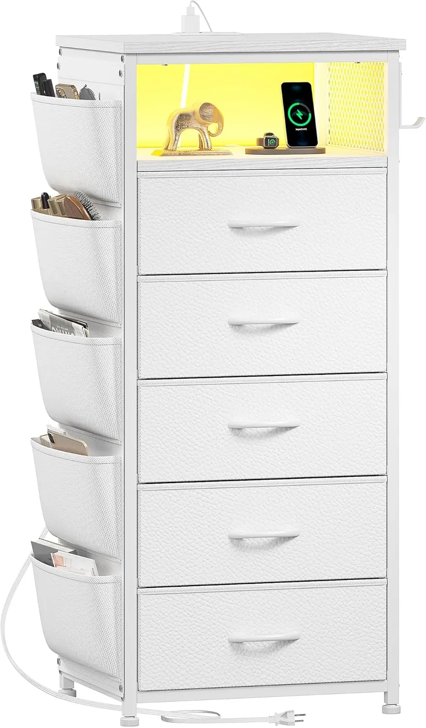 Tall 5-Drawer Nightstand with Charging Station & LED Light, Bedside Table with Side Bag & Hooks, Space-Saving for Bedroom, Dorm, Hallway, White
Tall 5-Drawer Nightstand with Charging Station & LED Light, Bedside Table with Side Bag & Hooks, Space-Saving for Bedroom, Dorm, Hallway, White
