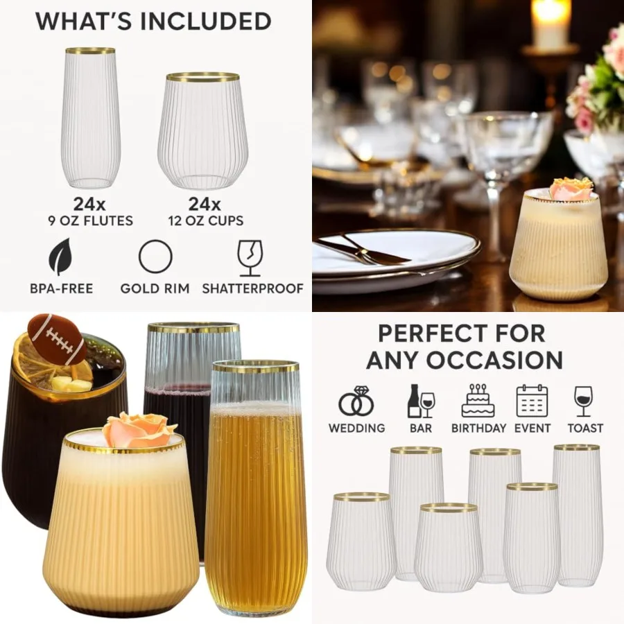 48 Pack Ribbed Origami Ripple Plastic Glasses, 24 9 oz Stemless Champagne Flutes 24 12 oz Cups, BPA-Free Disposable Shatterproo
48 Pack Ribbed Origami Ripple Plastic Glasses, 24 9 oz Stemless Champagne Flutes 24 12 oz Cups, BPA-Free Disposable Shatterproo