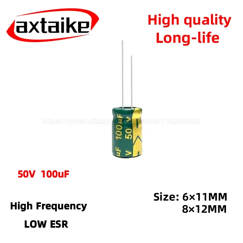 50PCS 50V100uF Aluminum Capacitor, High Frequency Low ESR 105°C Radial for Power Supply Long-life 6×11MM 8×12MM
50PCS 50V100uF Aluminum Capacitor, High Frequency Low ESR 105°C Radial for Power Supply Long-life 6×11MM 8×12MM