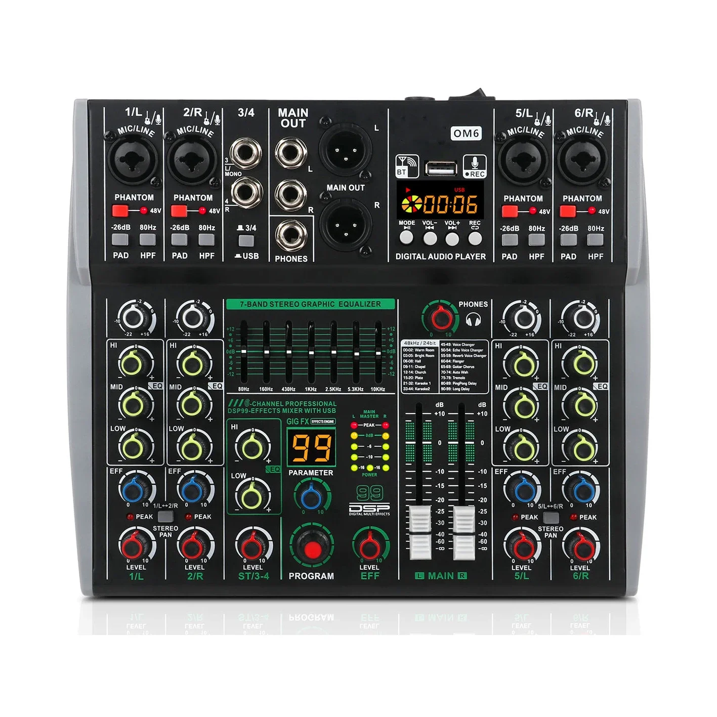 GPUB Professional 6-channel DJ Audio Mixer with 99 DSP 7-band Equalizer BT USB MP3 16Bit- 48KHZ Audio Stage Performance Mixer
GPUB Professional 6-channel DJ Audio Mixer with 99 DSP 7-band Equalizer BT USB MP3 16Bit- 48KHZ Audio Stage Performance Mixer