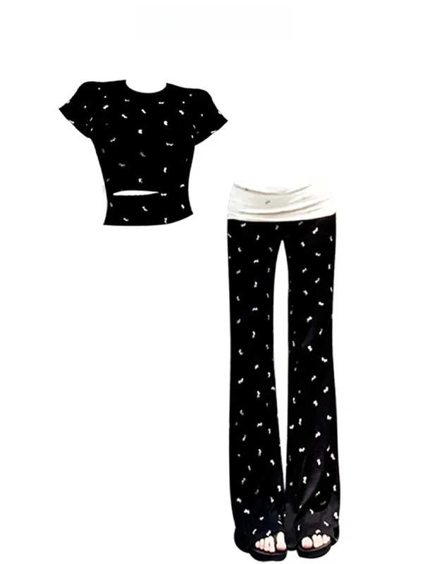 Fashionable round Neck Knot Short Sleeve T-Shirt High Waist Bell Bottom Pants Two Piece Set for Women Spring Summer
Fashionable round Neck Knot Short Sleeve T-Shirt High Waist Bell Bottom Pants Two Piece Set for Women Spring Summer