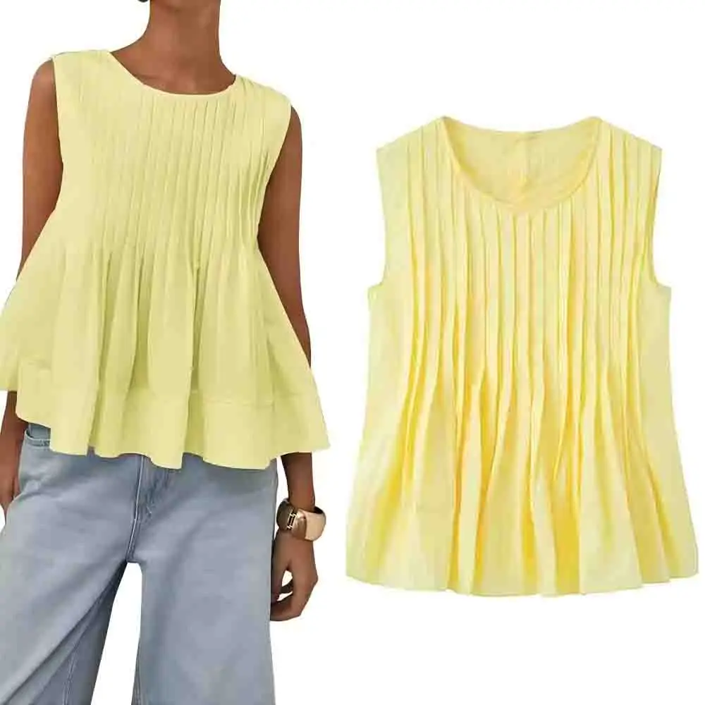 Women's new fashion pleated design loose vest style sleeveless shirt retro round neck women's shirt chic top
Women's new fashion pleated design loose vest style sleeveless shirt retro round neck women's shirt chic top