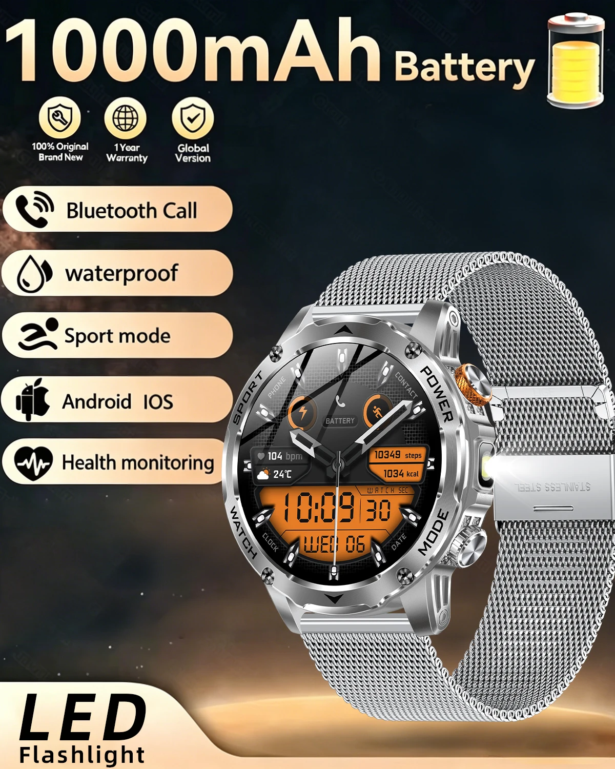 Men Military 1000mAh Battery Smart Watch IP68 Waterproof Fitness Track Flashlight Heart Rate Sports Smartwatches For Android IOS
Men Military 1000mAh Battery Smart Watch IP68 Waterproof Fitness Track Flashlight Heart Rate Sports Smartwatches For Android IOS
