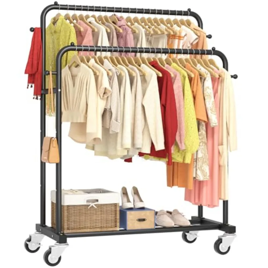 Double Rods Garment Rack with Wheels, Clothing Rack for Hanging Clothes, 4 Hooks, Multi-functional Bedroom Clothes Rack, Black
Double Rods Garment Rack with Wheels, Clothing Rack for Hanging Clothes, 4 Hooks, Multi-functional Bedroom Clothes Rack, Black