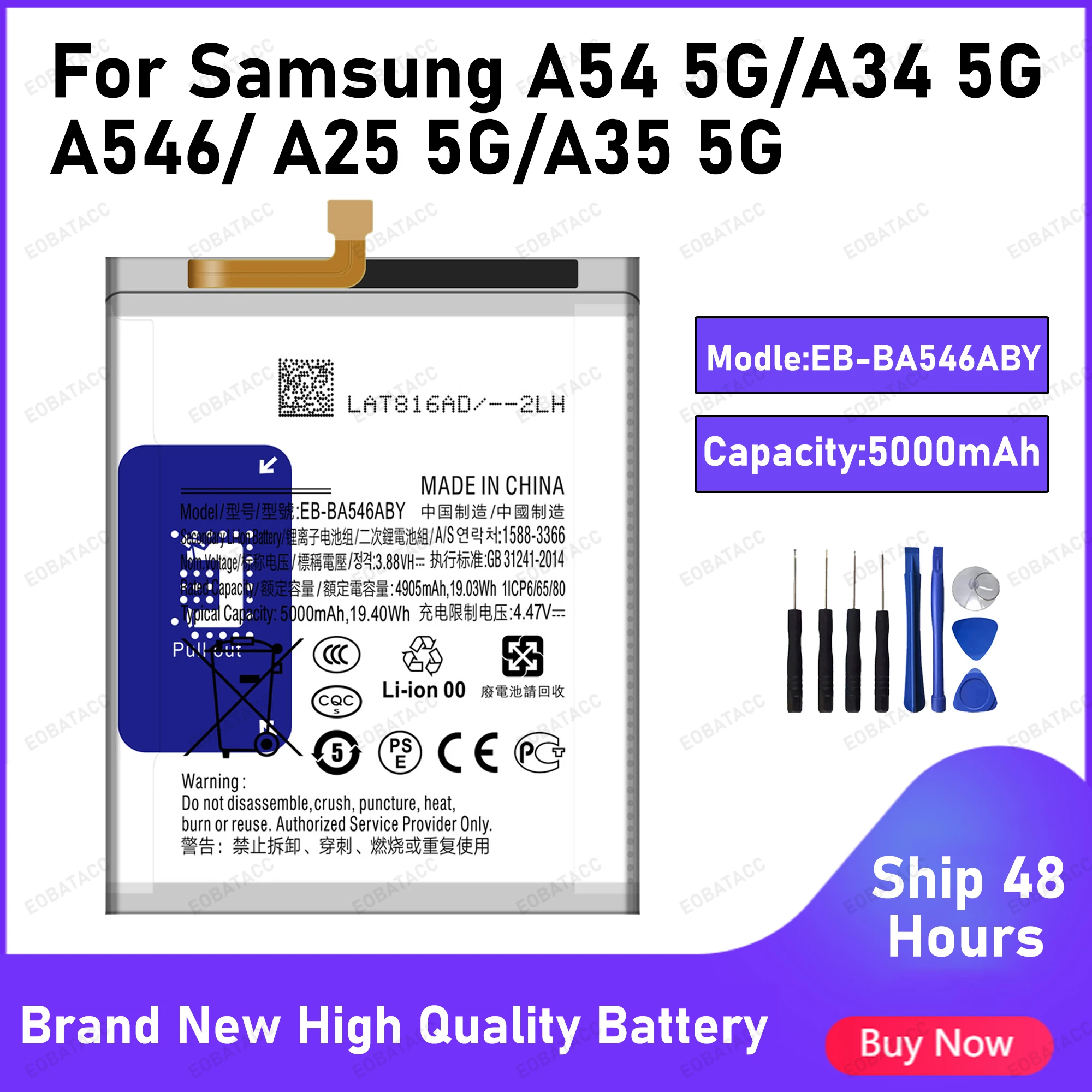 5000mAh EB-BA546ABY Battery For Samsung A54 5G/A34 5G/A25 5G/A35 5G Replacement Bateria+Free Tools
5000mAh EB-BA546ABY Battery For Samsung A54 5G/A34 5G/A25 5G/A35 5G Replacement Bateria+Free Tools