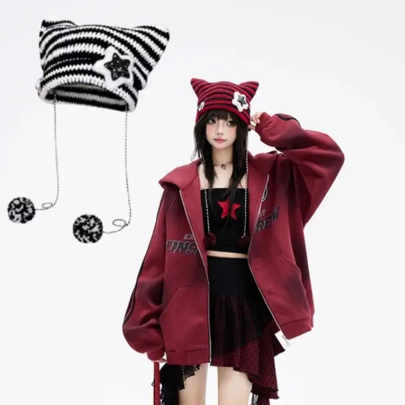 Cute Cat Ear Woolen Hat Y2K Beanie Hat Ins Devil Ear Striped Knitted Wool Cap Winter Star Decor Hanging Ball Slouchy Caps
Cute Cat Ear Woolen Hat Y2K Beanie Hat Ins Devil Ear Striped Knitted Wool Cap Winter Star Decor Hanging Ball Slouchy Caps