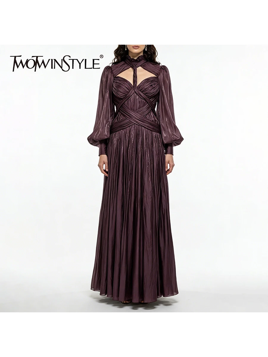 TWOTWINSTYLE Solid Spliced Folds Design Sense Long Dress for Women Stand Neck Long Sleeves Tunic Patchwork Strap Dresses Female
TWOTWINSTYLE Solid Spliced Folds Design Sense Long Dress for Women Stand Neck Long Sleeves Tunic Patchwork Strap Dresses Female