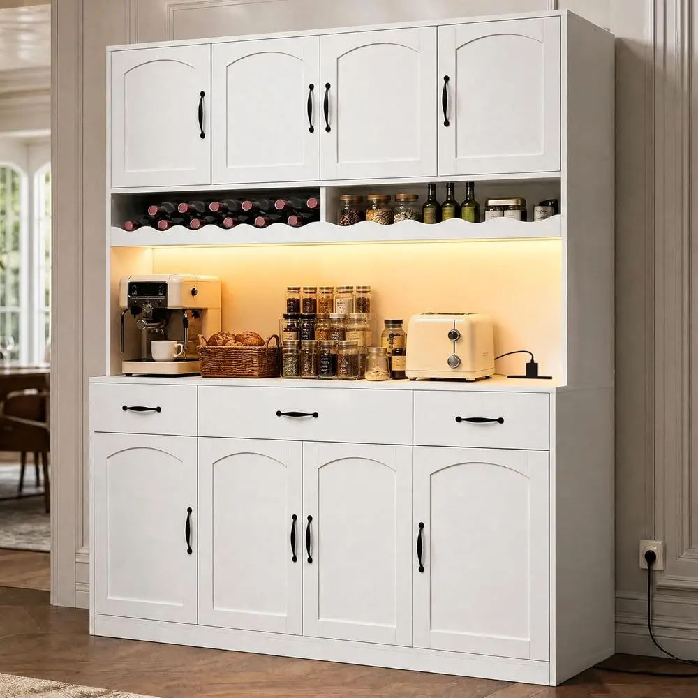 72 High Kitchen Storage Cabinet with Charging, 55 Wide Hutch with LED & Counter, Large Adjustable Shelve Cabinet with Wine Rack,
72 High Kitchen Storage Cabinet with Charging, 55 Wide Hutch with LED & Counter, Large Adjustable Shelve Cabinet with Wine Rack,